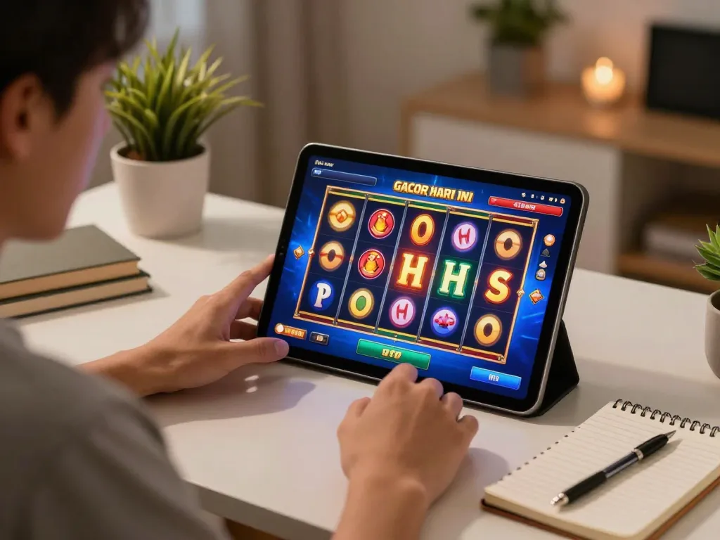 Person enjoying slot gacor hari ini on tablet at home, vibrant gaming atmosphere.