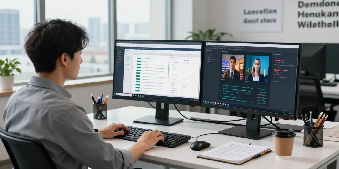 Detect AI image in a modern workspace with dual monitors and data analytics.