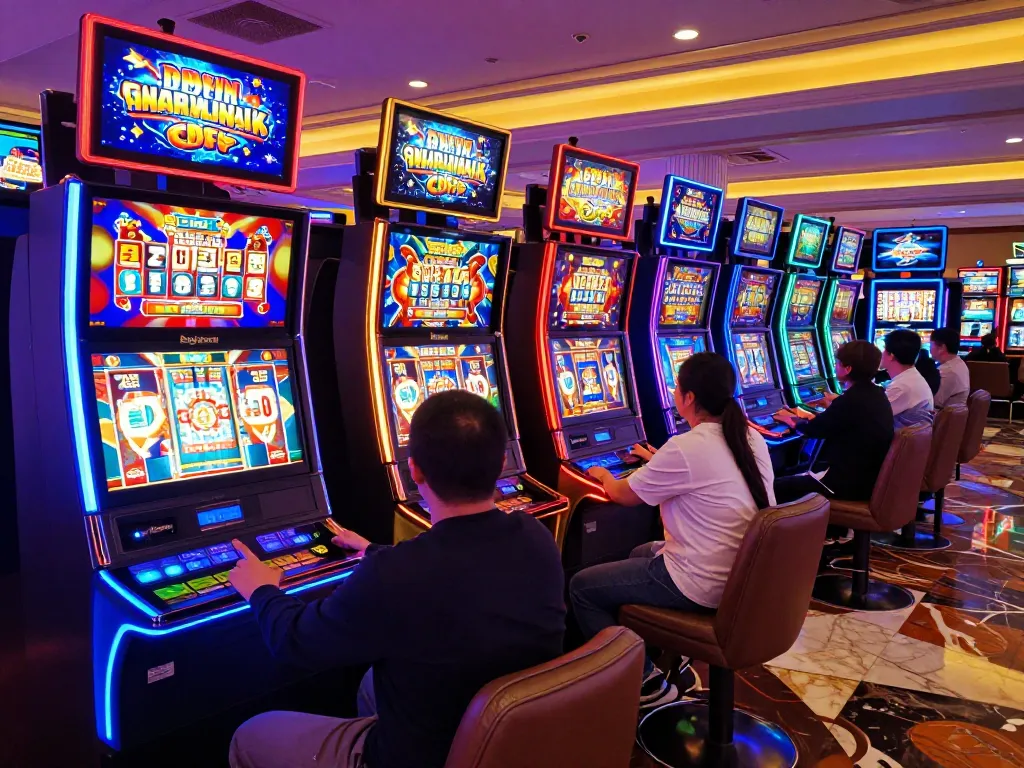 Players enjoying slot gacor machines in a vibrant casino atmosphere, celebrating wins