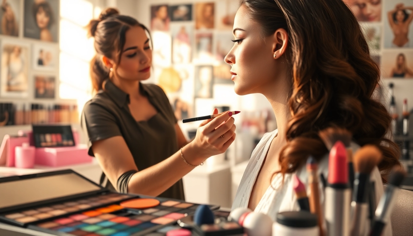 Apply wholesale makeup products with expert techniques in a bright studio setting.