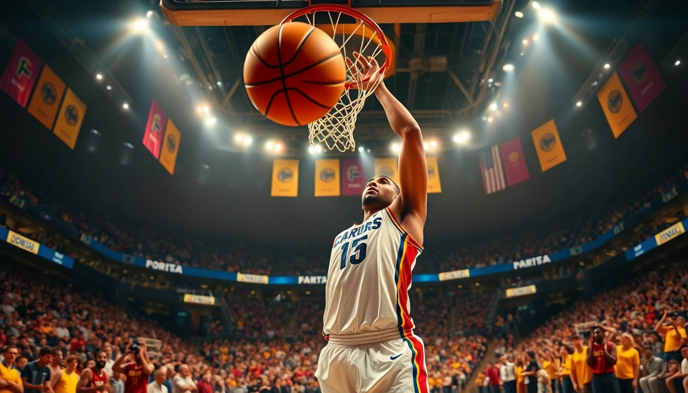 nba중계 경기를 생생하게 보여주며 덩크슛을 하는 농구 선수