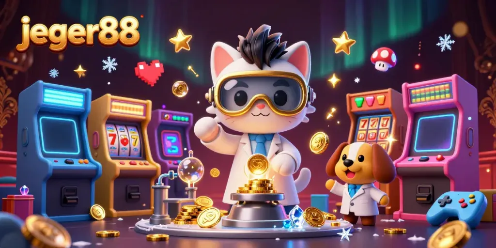 Permainan slot online di Jeger88 dengan karakter kucing ilmuwan dan anjing yang menyenangkan, menciptakan suasana seru.