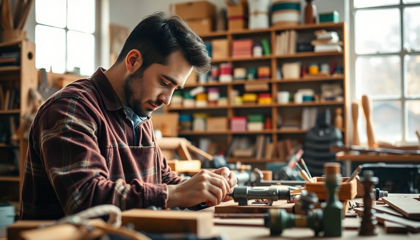 Engaging in craft training programs, an artisan meticulously crafting in a vibrant workshop.