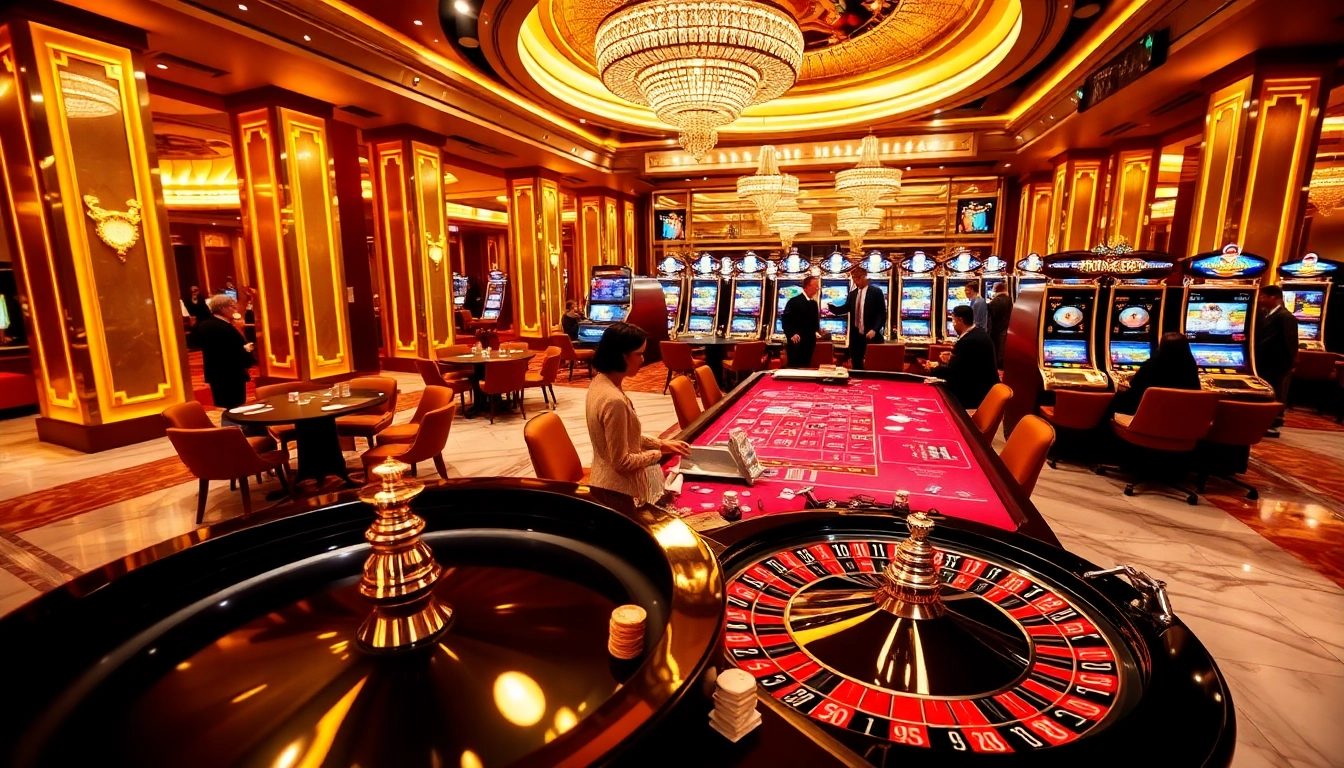 Experience thrilling gaming action at MM 88 with roulette and slot machines in a lavish casino setting.