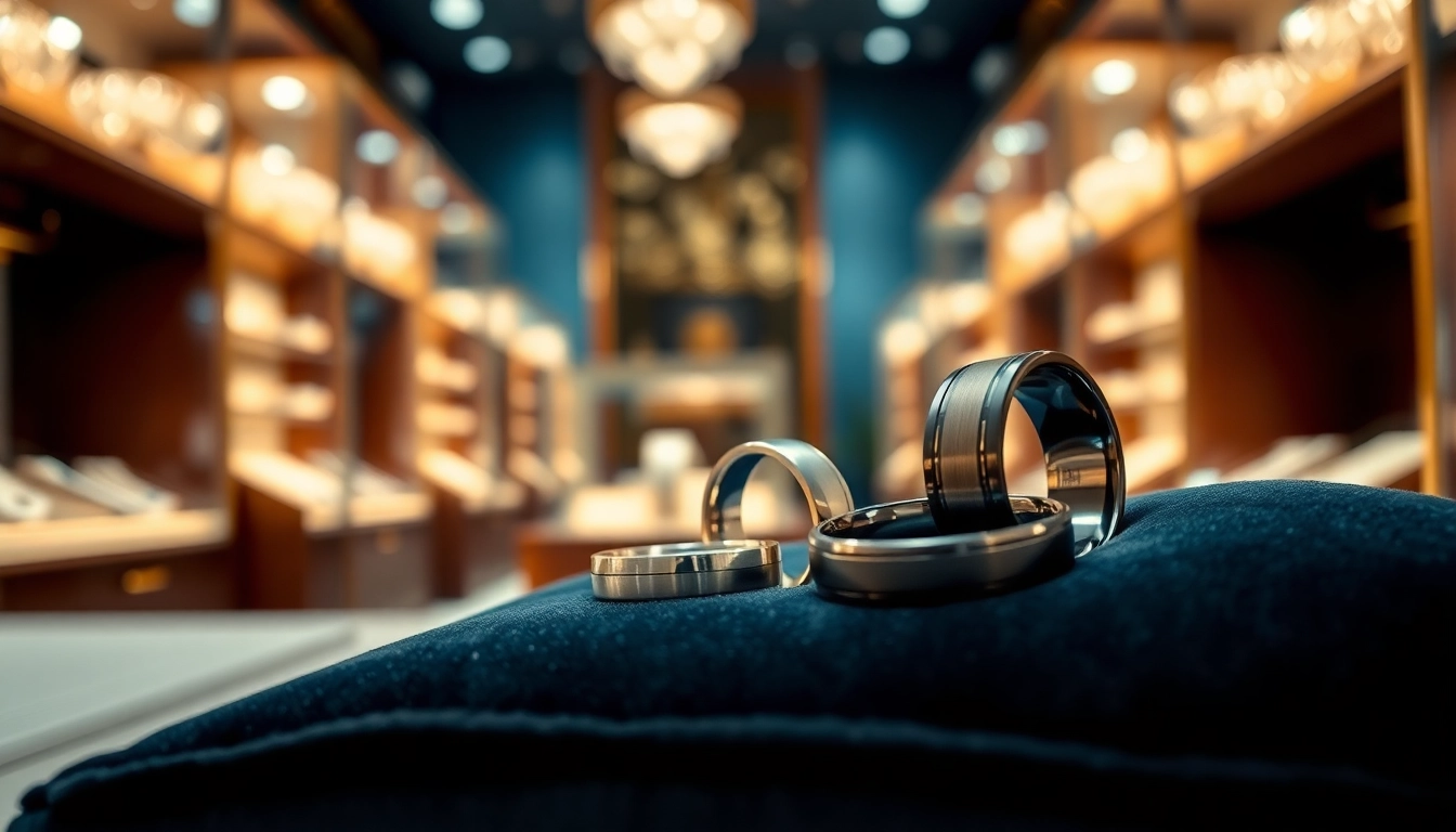 Tungsten rings showcased on a velvet cushion, illustrating their unique designs and finishes.