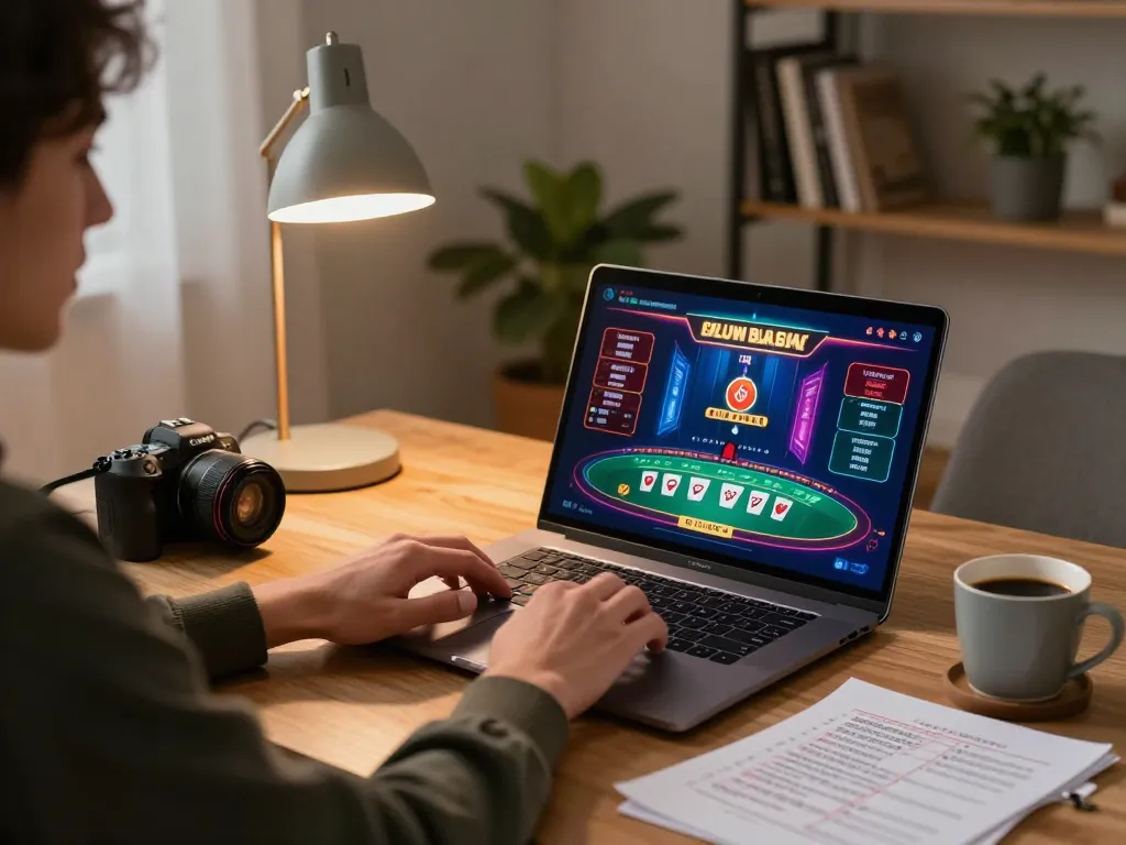 Engaging in online live dealer blackjack with a bonus new member 100 to 8x opportunity in a cozy home office.