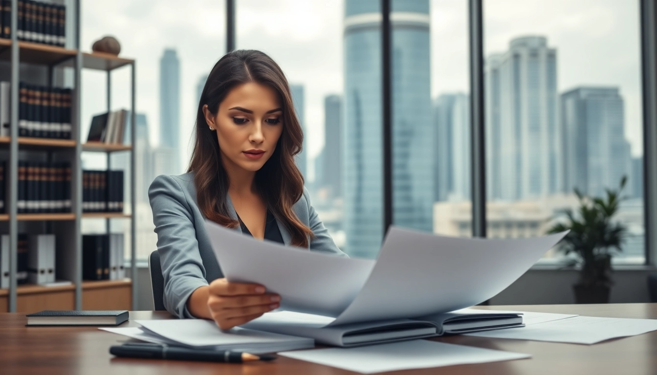 Engaged in contract management analysis, a businesswoman reviews documents in a modern office setting.