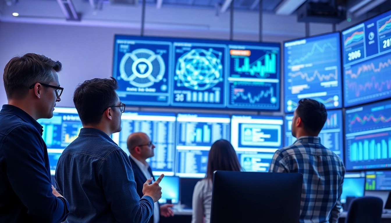 Team collaborating on IT infrastructure management strategies in a high-tech office setting.