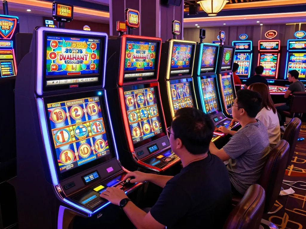 Players enjoying dynamic slot thailand games with spinning reels and vibrant casino ambiance