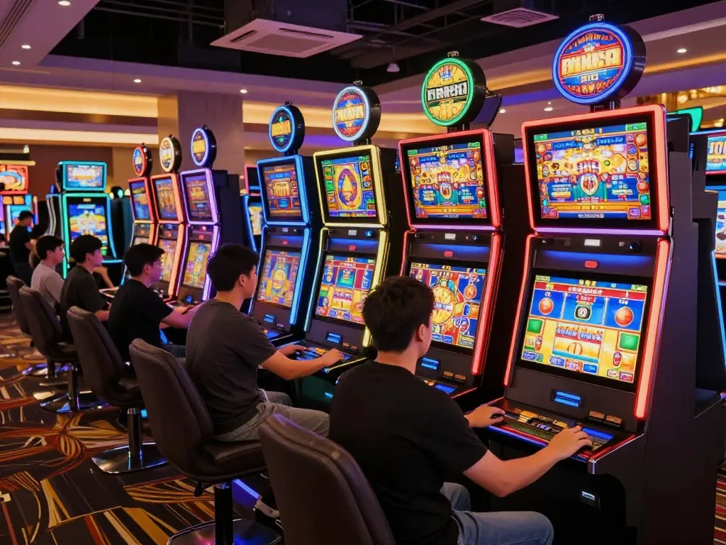 Players enjoying FAFA 828 slot machines, vibrant colors and exciting gameplay capture the casino atmosphere.