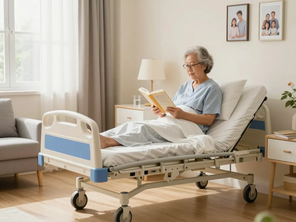Modern giường bệnh nhân in a cozy home setting, emphasizing comfort and care for seniors.