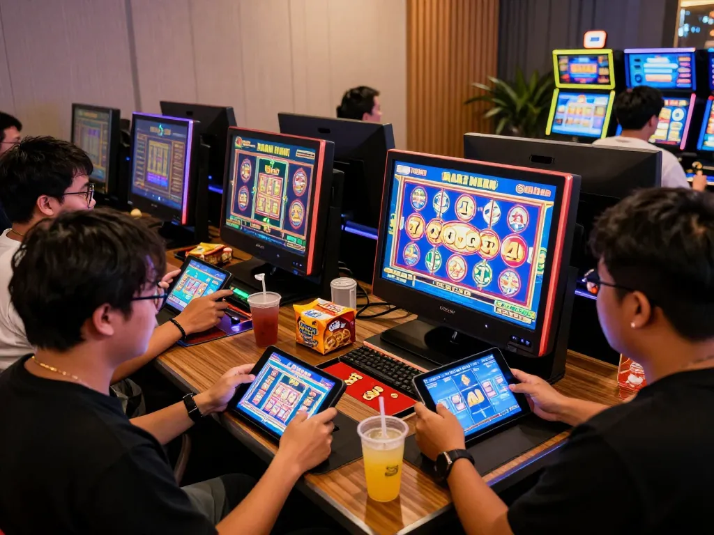 Suasana permainan slot gacor hari ini yang menarik dengan pemain menikmati mesin digital dan camilan.
