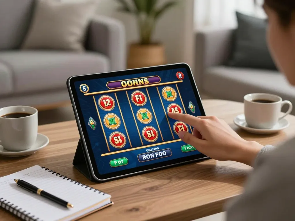 Engaging in slot online gameplay on a tablet in a cozy living room