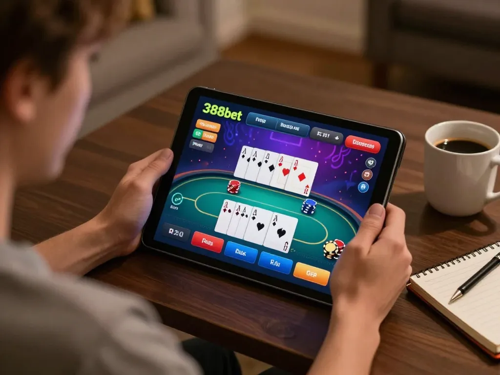 Player enjoying a poker game on 388bet, with a cozy home setup and tablet interface