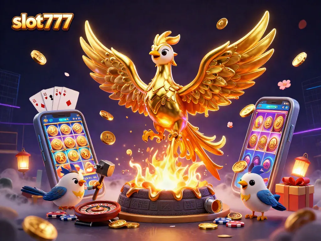 Taruhan slot777 mengasyikkan dengan phoenix emas dan smartphone permainan slot yang penuh koin.
