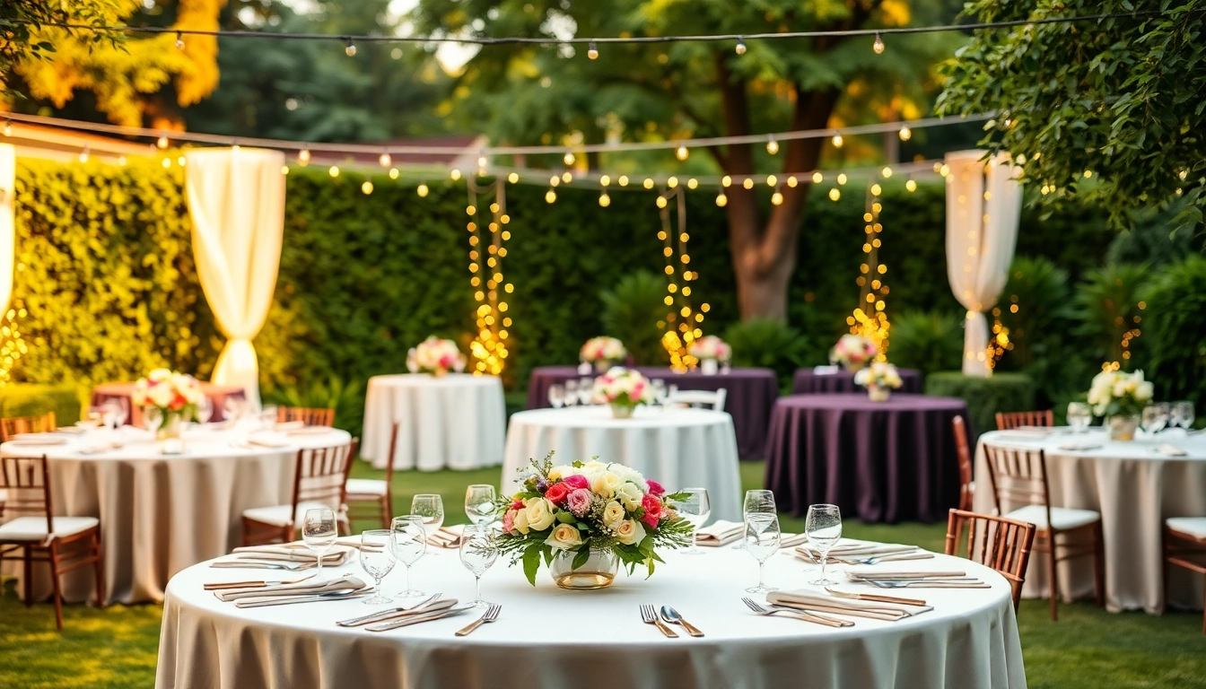 Experience stunning table rentals for events, set in an elegant garden with beautiful arrangements.