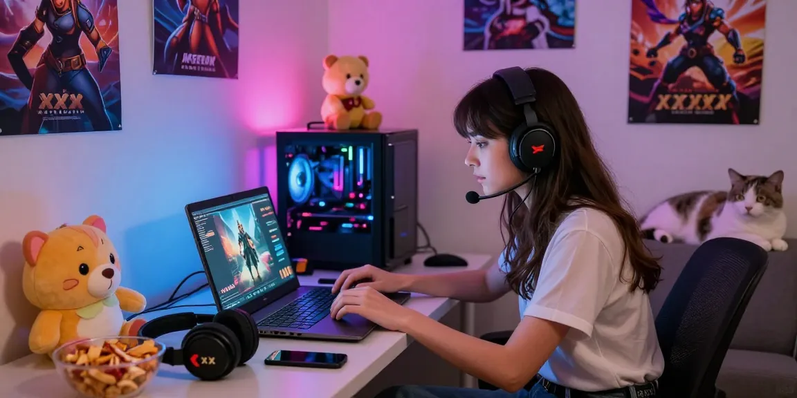 Woman enjoying xxx games on her laptop in a cozy gaming setup.