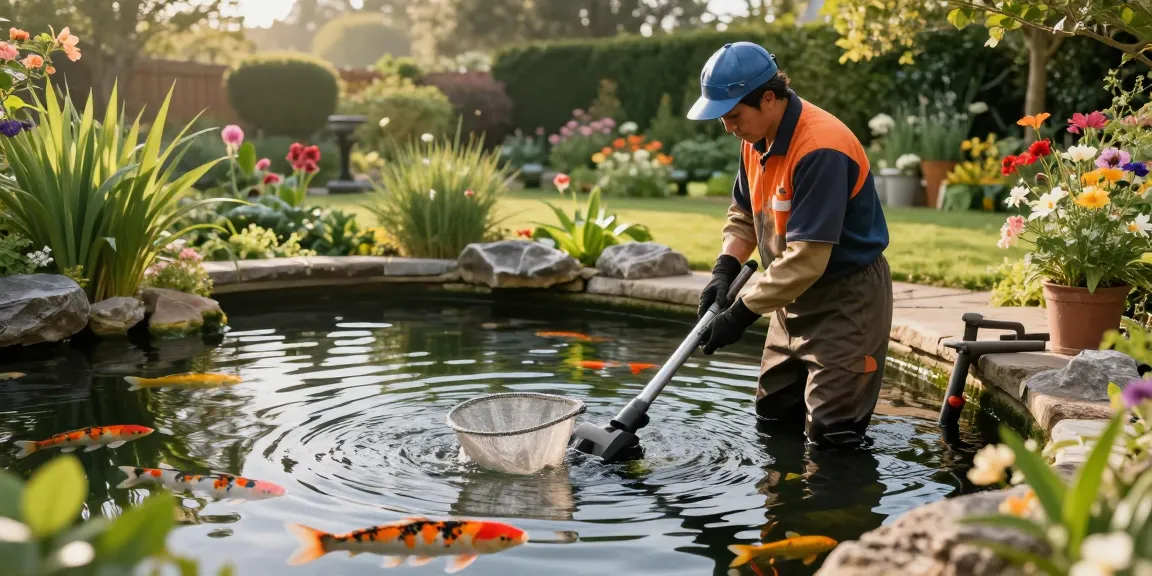 Pond Cleaning Surrey expert using specialized tools to maintain a beautiful garden pond in lush surroundings.