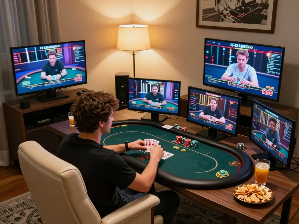 Engaged player strategizing at home with online casino esteri per italiani setup on multiple screens.