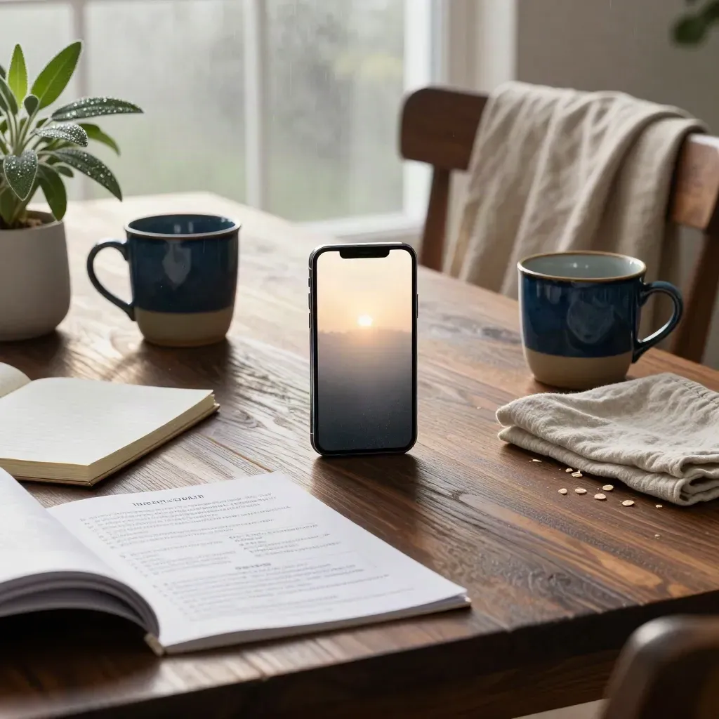 Rain-cleared walnut table with phone, quiz deck, mugs, linen shirt, plant, and soft dawn steam.