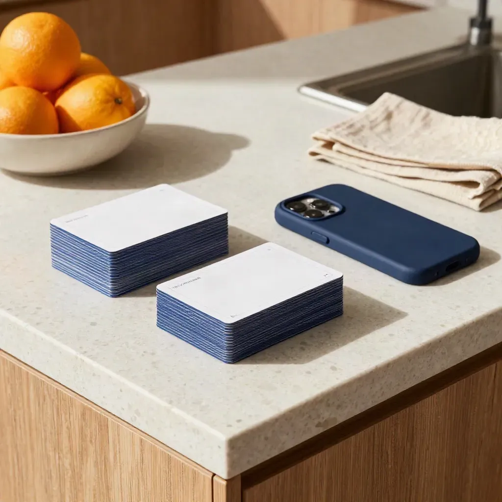 Top-down kitchen island with sorted comparison cards, phone, citrus bowl and folded linen cloth.