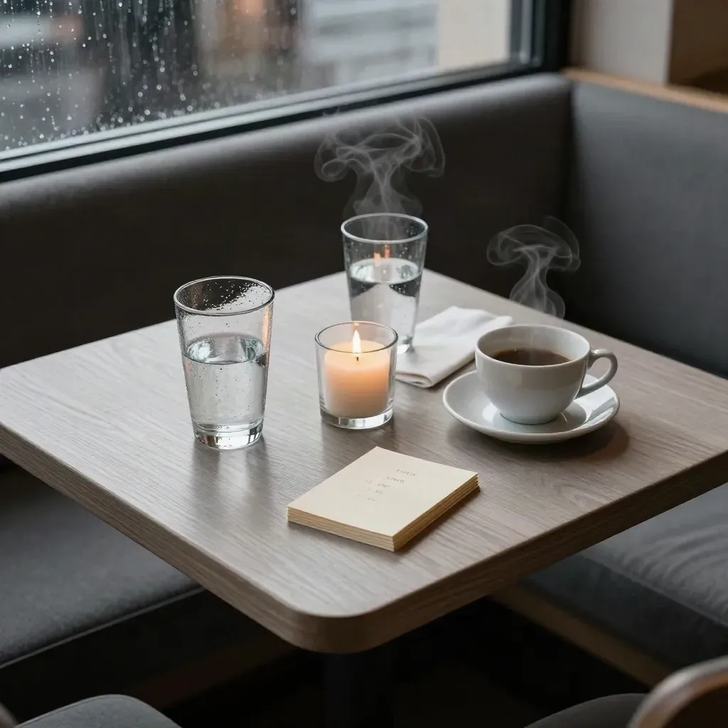 Overhead cafe booth with tea, water glasses, candle, napkin, and prompt cards in rain-lit dusk.