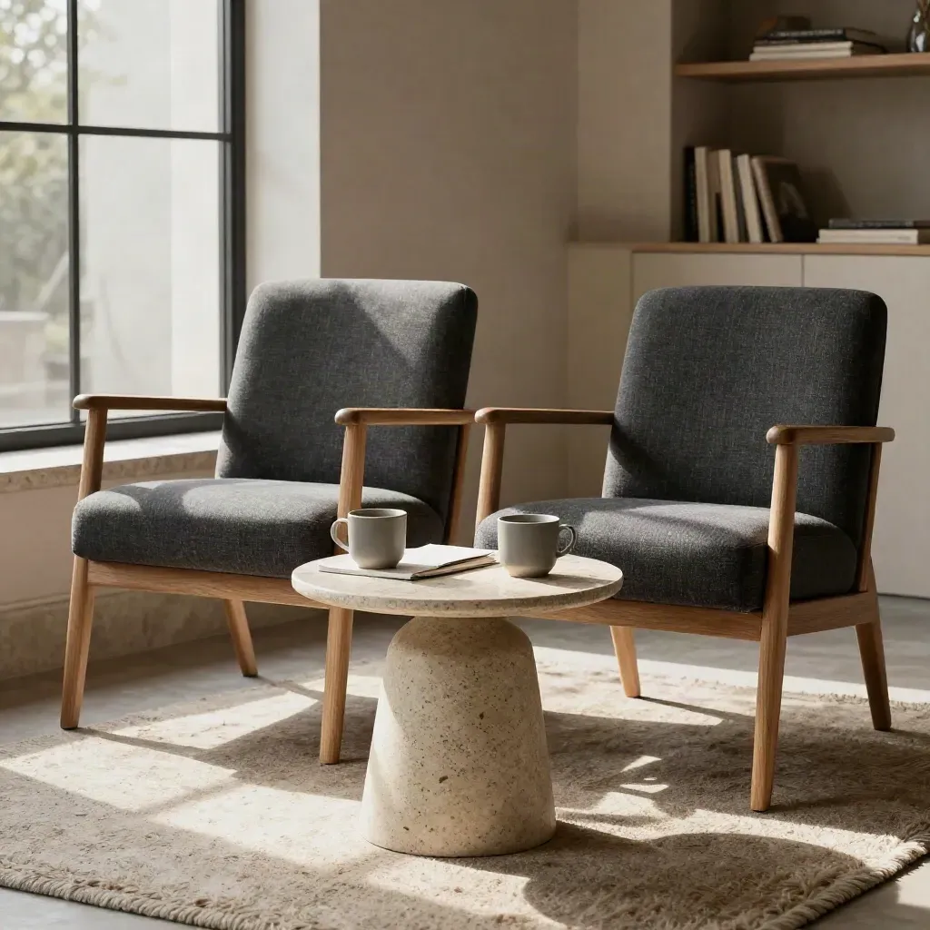Two matching reading chairs with cups and a notebook in a quiet window-lit lounge.