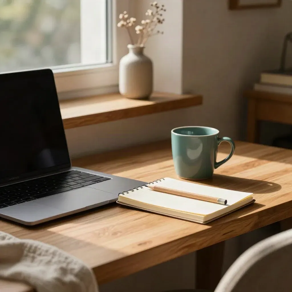 Quiet writing corner with laptop, notebook, mug and stems in warm morning light.