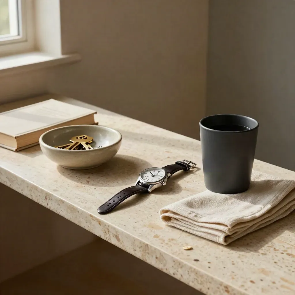 Three object clusters on a travertine bench: book with key bowl, watch, mug and cloth