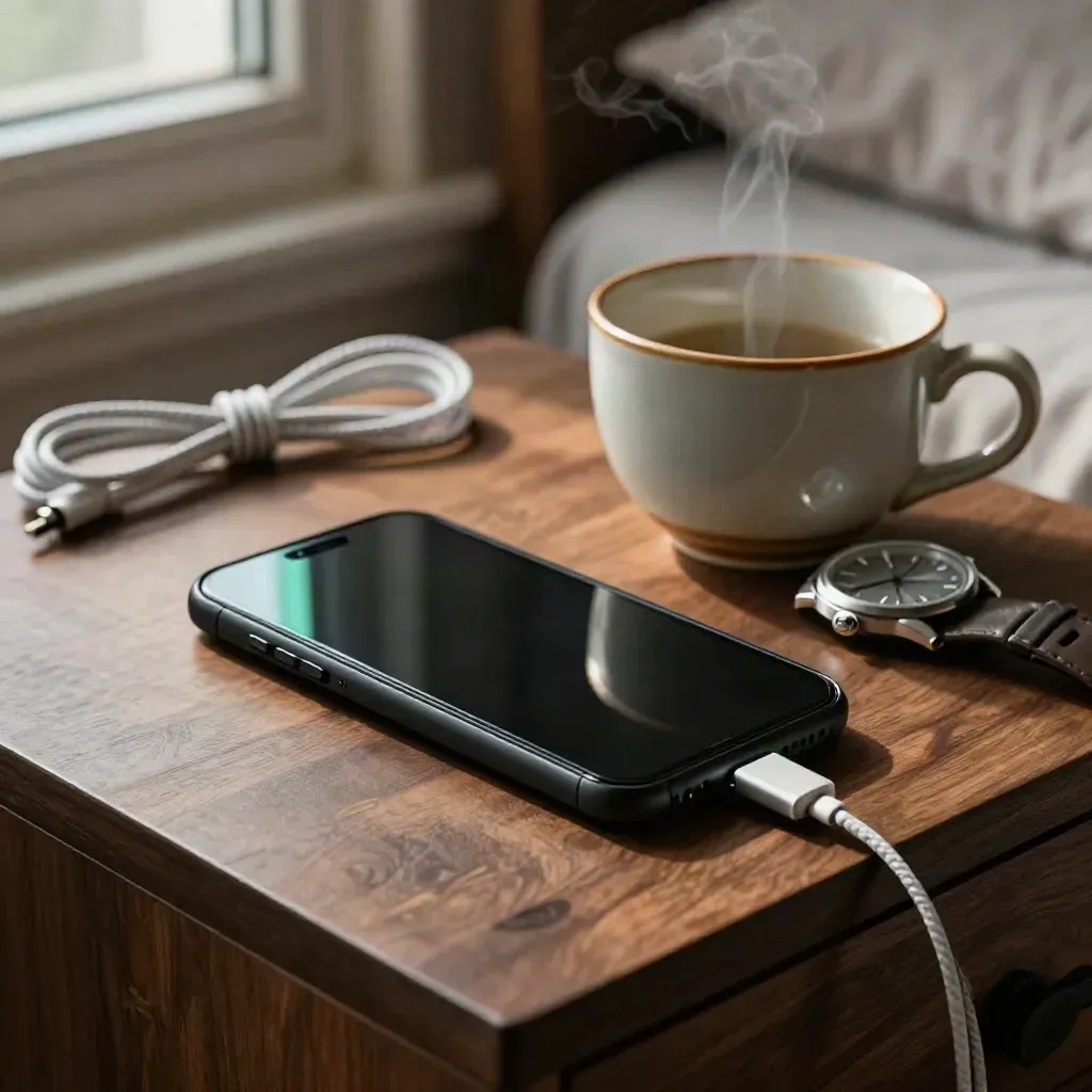 Macro bedside scene with phone, watch, charging cord and tea mug in late-night pause.