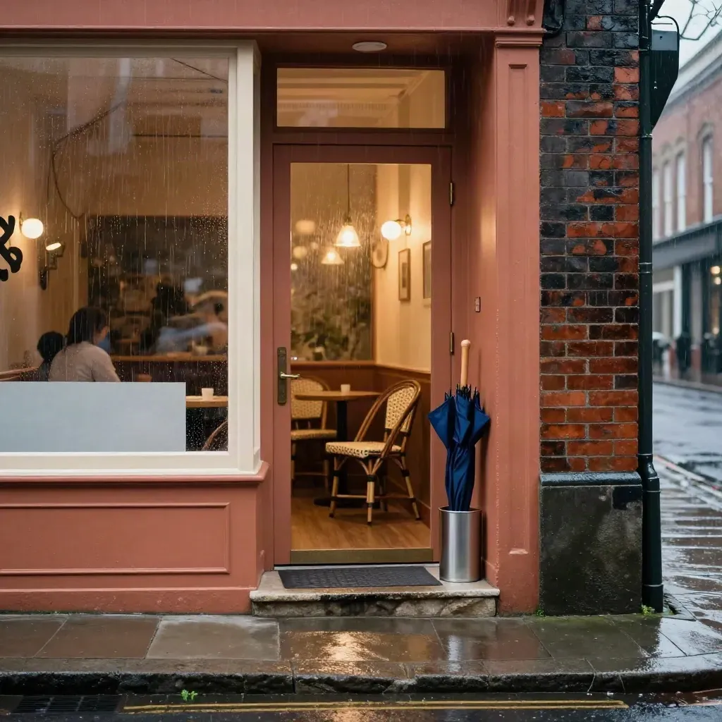 Rainy cafe entrance with lit doorway, two chairs, and an umbrella stand by the curb.