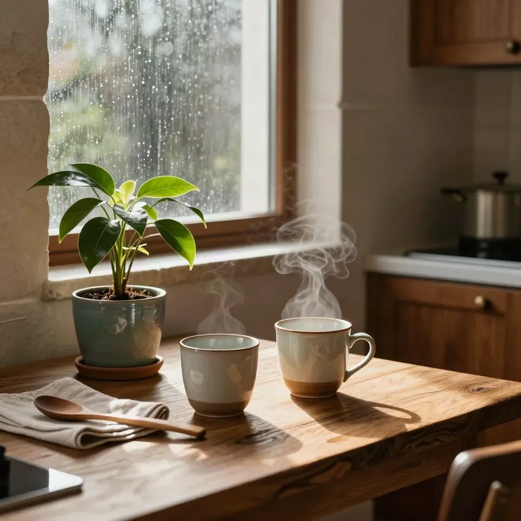 Rainy kitchen table with two cups, a teal plant pot, and soft morning light
