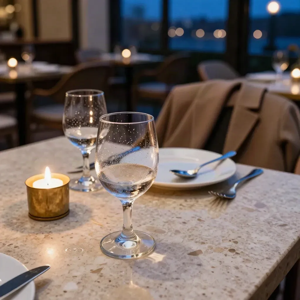 Patio table with half-finished waters, candle stub, and coat in warm dusk light.