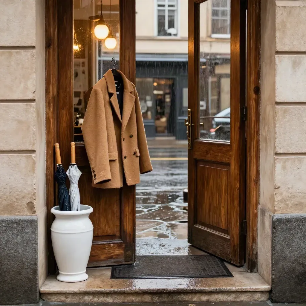 Rainy cafe threshold with umbrella stand, jacket, and open exit door seen low toward the street.