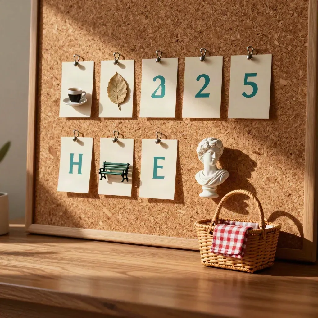 Warm cork date board with cafe, park, museum, and picnic tokens on a sunlit tabletop.
