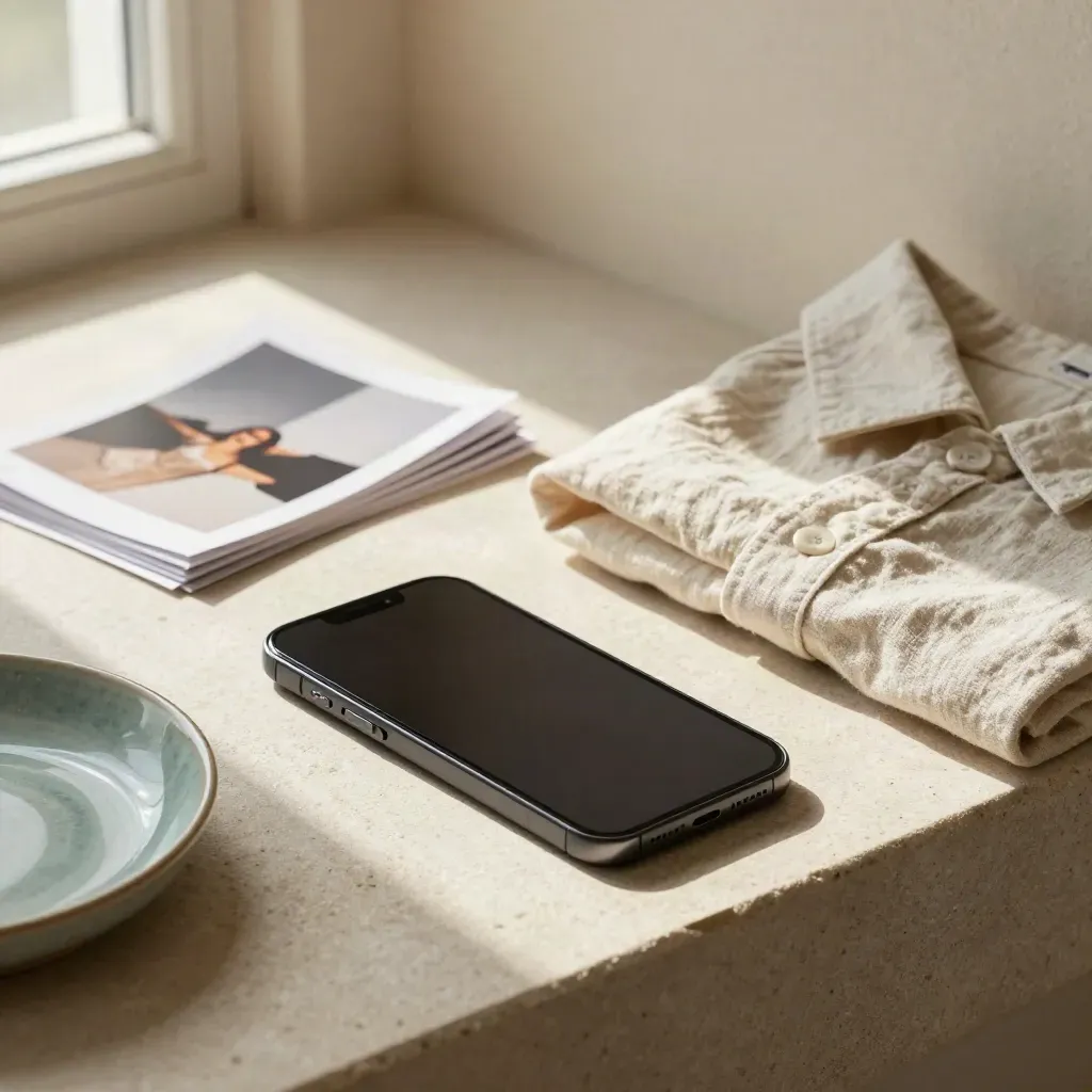 Matte phone, face-down prints, folded linen shirt, and ceramic dish on a stone shelf.