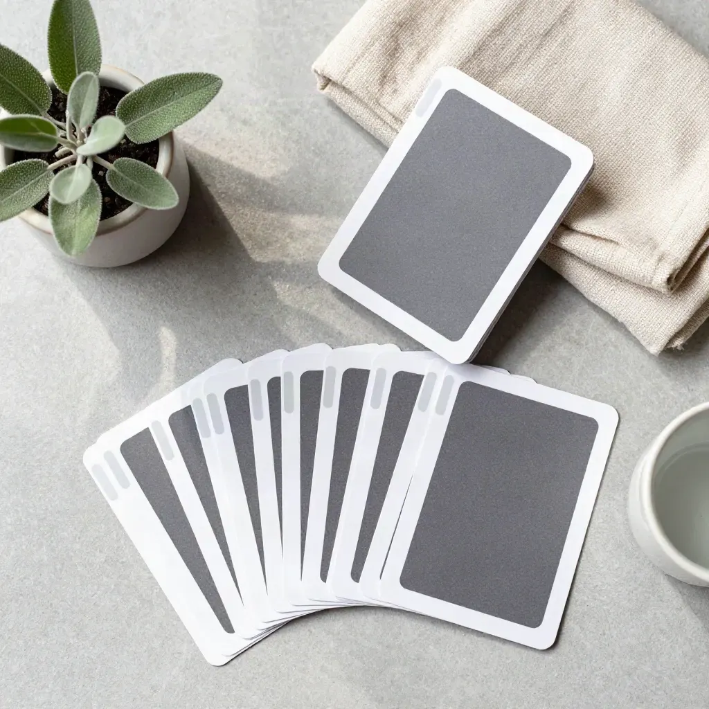 Overhead flatlay of compatibility quiz cards with plant, cloth, and ceramic cup.