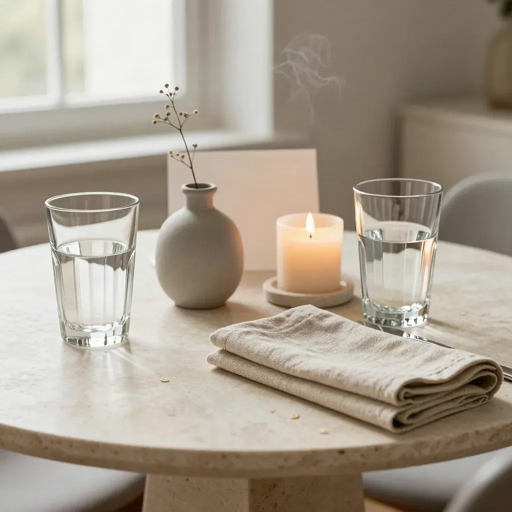 Water glasses, candle, vase, and folded napkin on a quiet first-date table