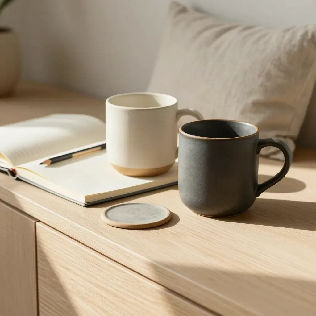 Two ceramic mugs with notebook and pencil on a pale oak sideboard in soft morning light