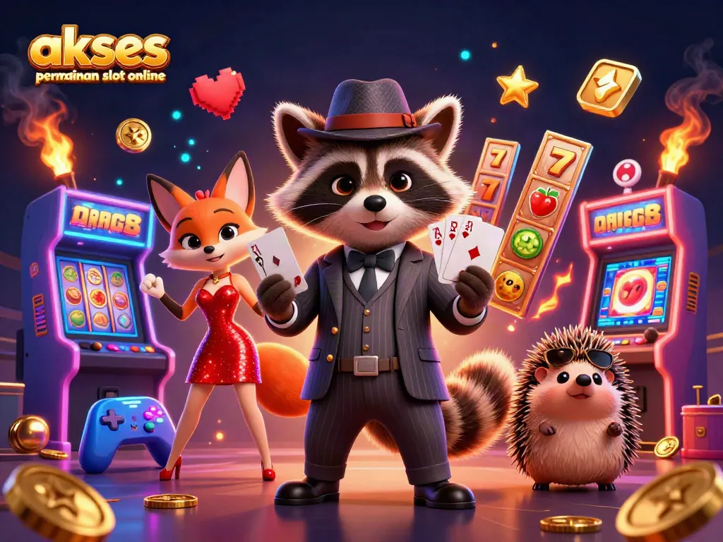 Akses permainan slot online dengan mesin slot dan elemen kasino yang dinamis dari karakter bergaya kartun.