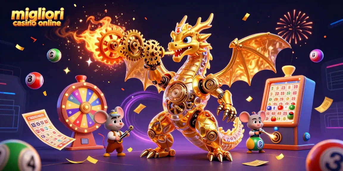 Gioca e vinci nei migliori casino online con una fantastica illustrazione 3D di drago dorato e palline lotterie.