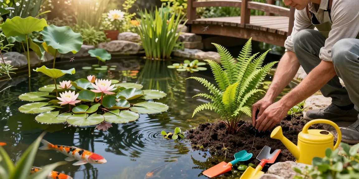 Buy pond plants online, vibrant garden pond with colorful plants and gardener planting new arrivals.