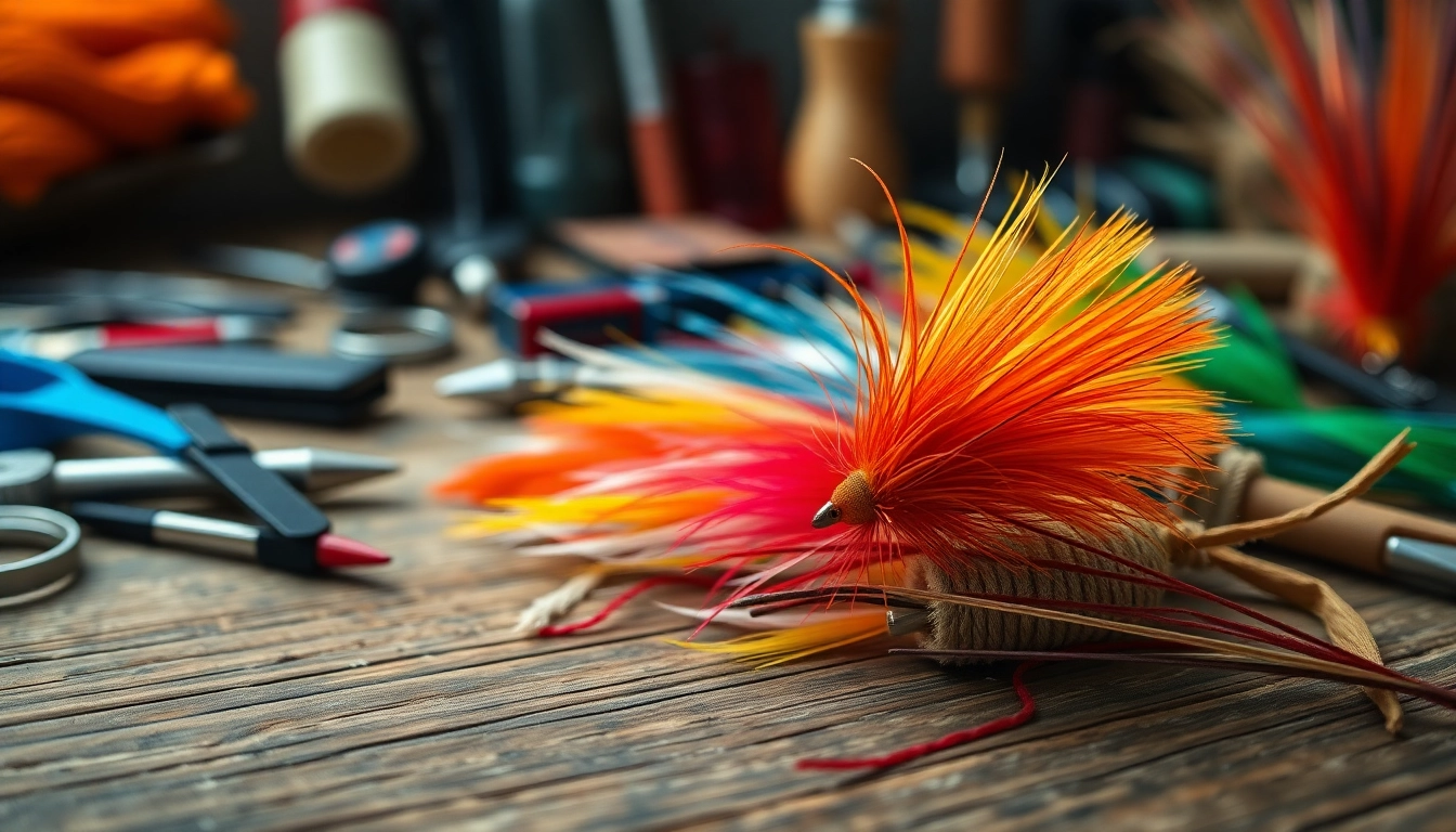 Engaging fly tying materials displayed artistically on a rustic table for enthusiasts.