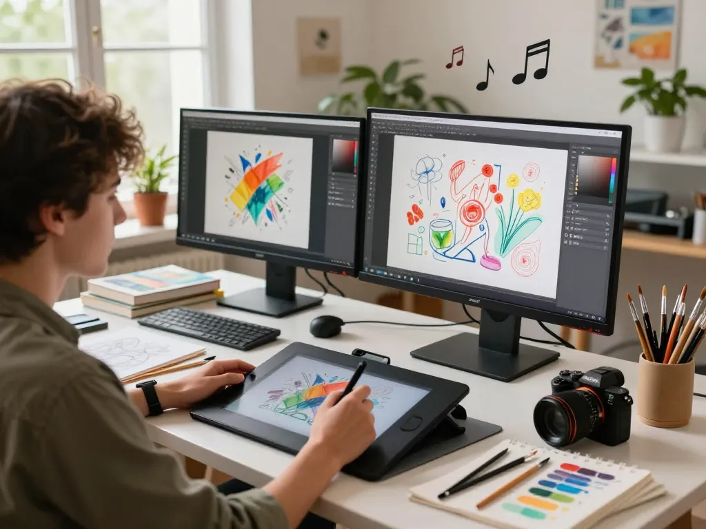 Artist converting an image to prompt in a vibrant digital art studio.