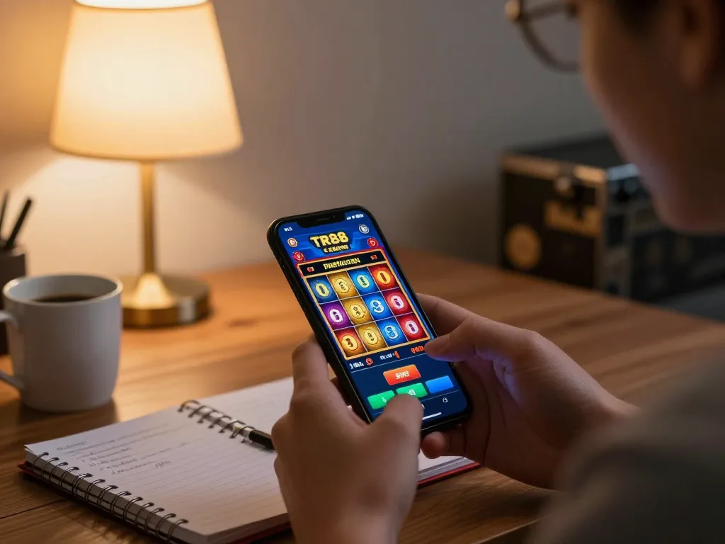 Player exploring TR88 casino app on their smartphone in a cozy home setting, suggesting engaged online gambling.