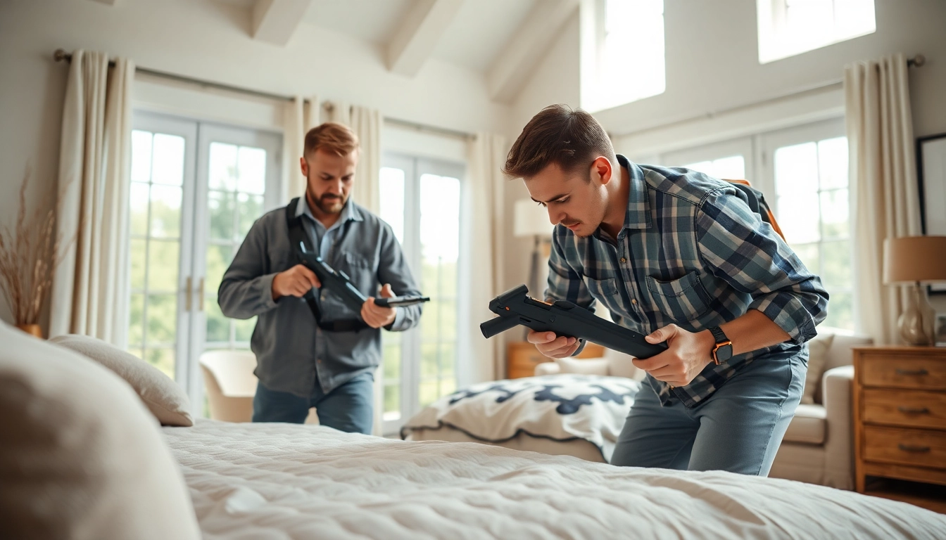 Local bed bug exterminators conducting a thorough inspection in a well-lit living room.