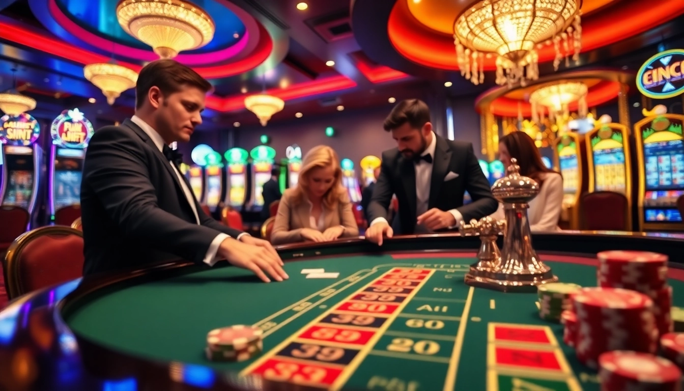 Des joueurs stratégiquement placés au meilleur casino en ligne France profitent d'une partie palpitante de roulette et de poker.