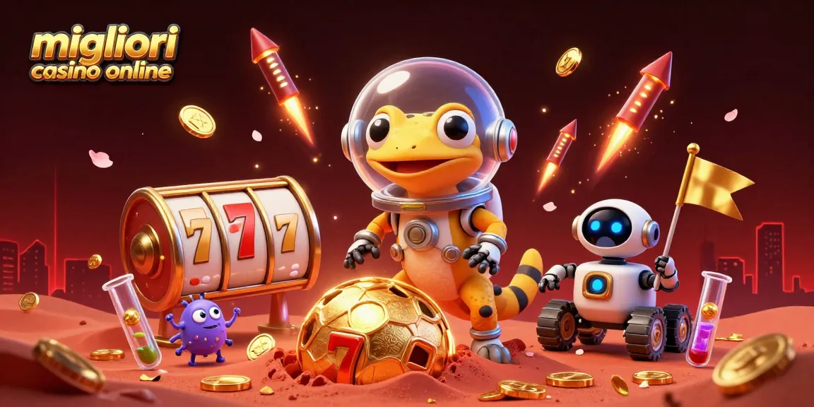Scopri i migliori casino online con il gecko marziano in un'immagine colorata e vivace.