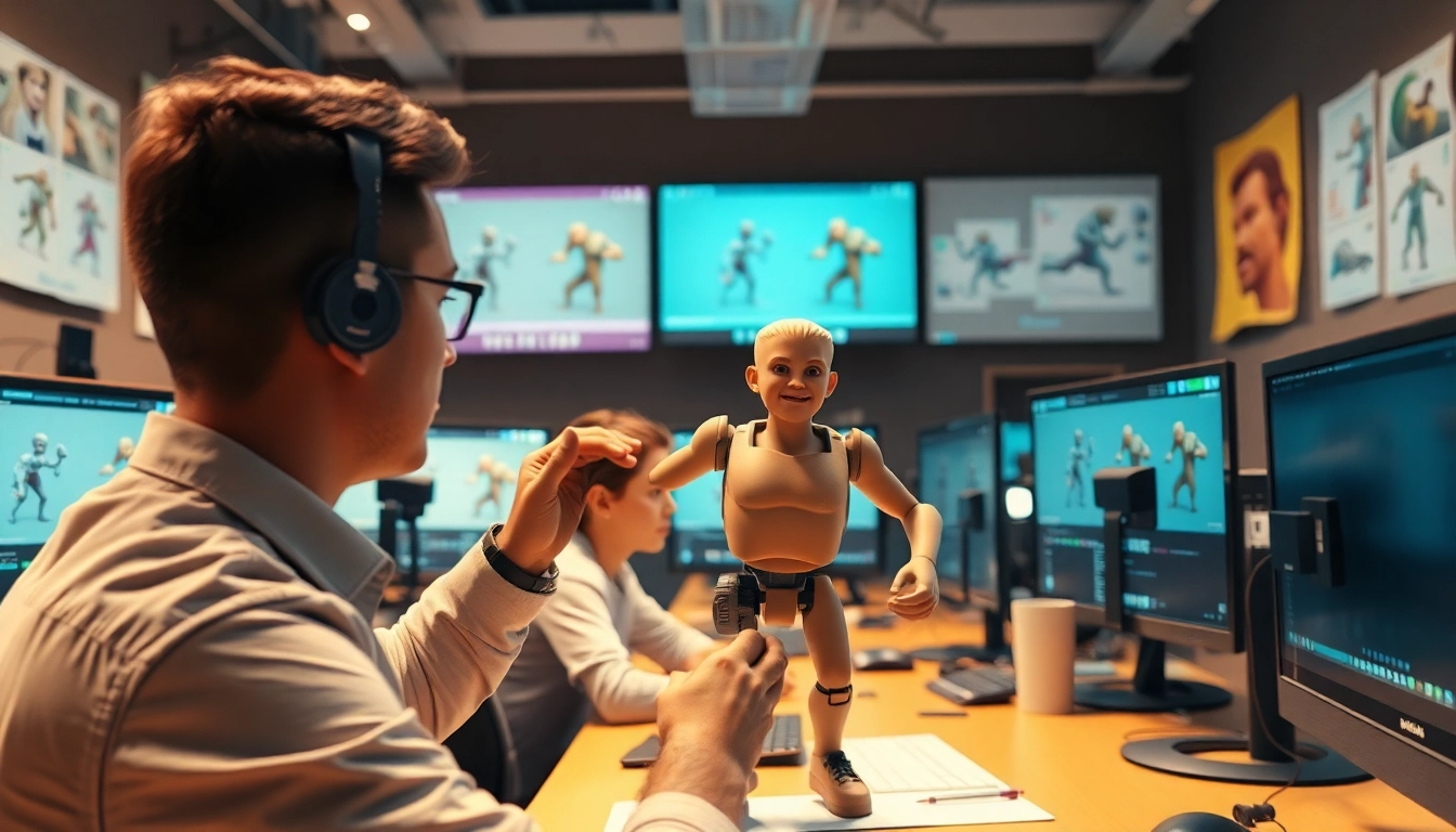3D Animation studio in action with animators creating dynamic character models.
