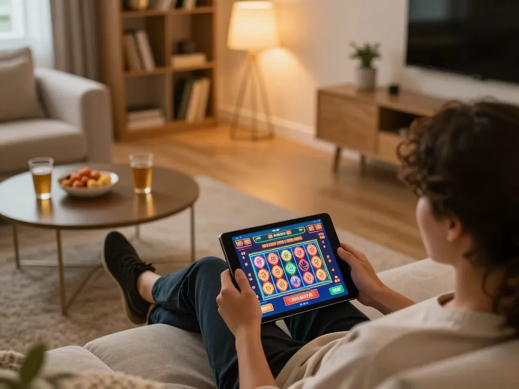 Engaging in link slot kamboja while enjoying a cozy home gaming atmosphere with snacks and drink nearby